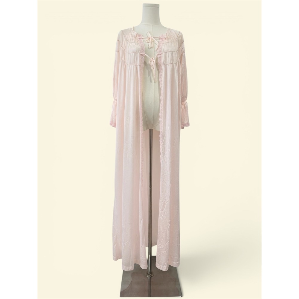 Vintage Movie Star Pink Nylon Long Peignoir Robe Lace Tie Front Maxi Small
